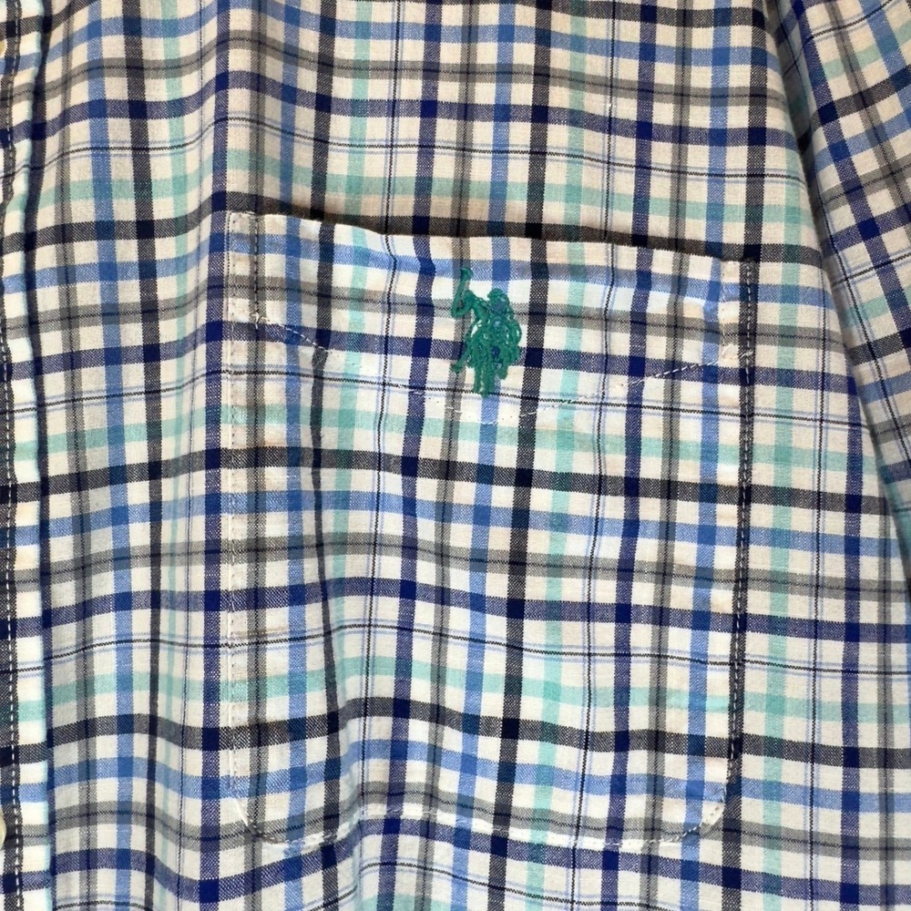 US Polo Assn Mens 3XL Blue Turquoise Plaid Button Down Short Sleeve Shirt Cotton - Picture 2 of 6